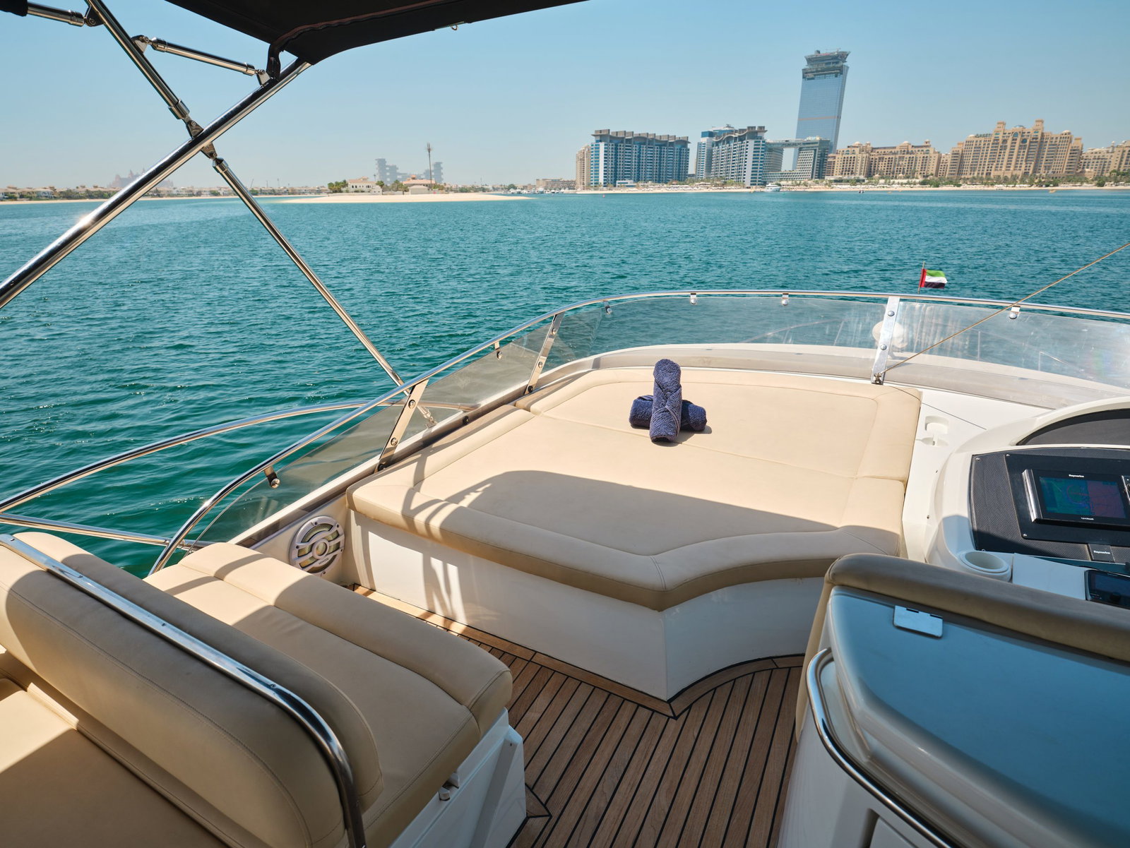 Sunseeker Satoshi 70 bow sunbed seating with panoramic sea views