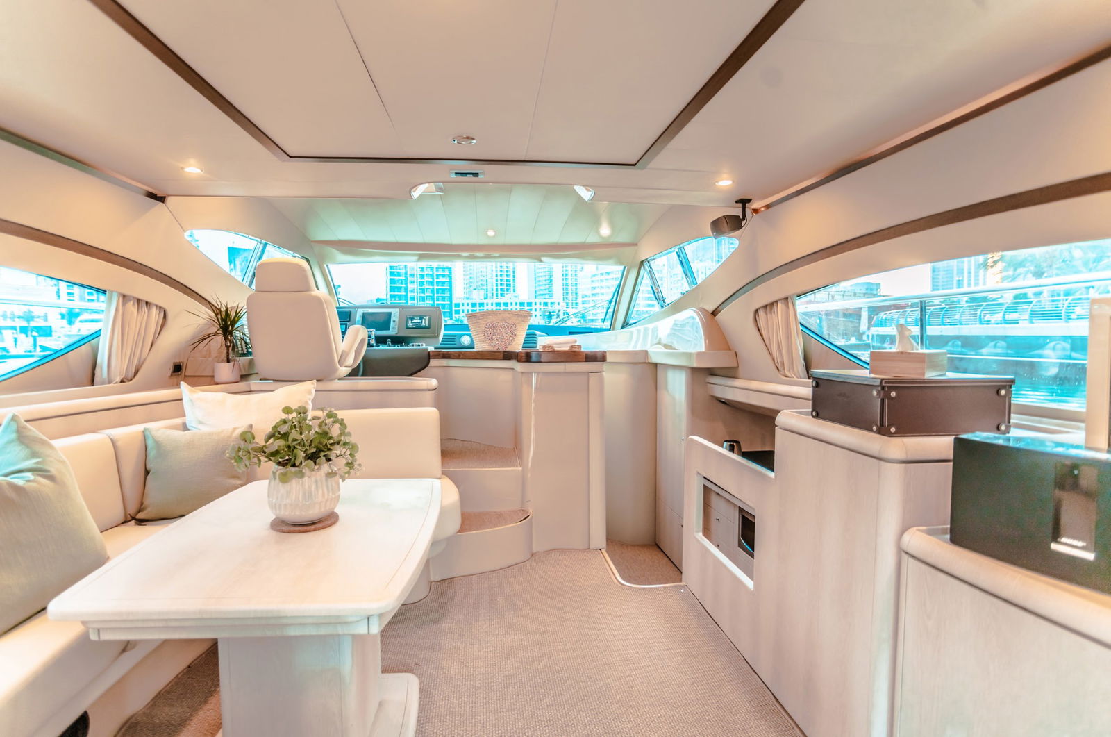 Elise 50 yacht interior saloon with modern seating and large windows
