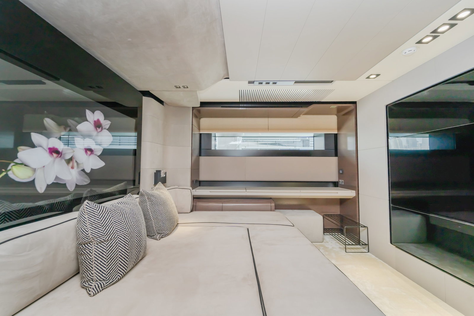 Saffuriya VIP yacht contemporary cabin with plush bedding, wooden accents and wide panoramic window