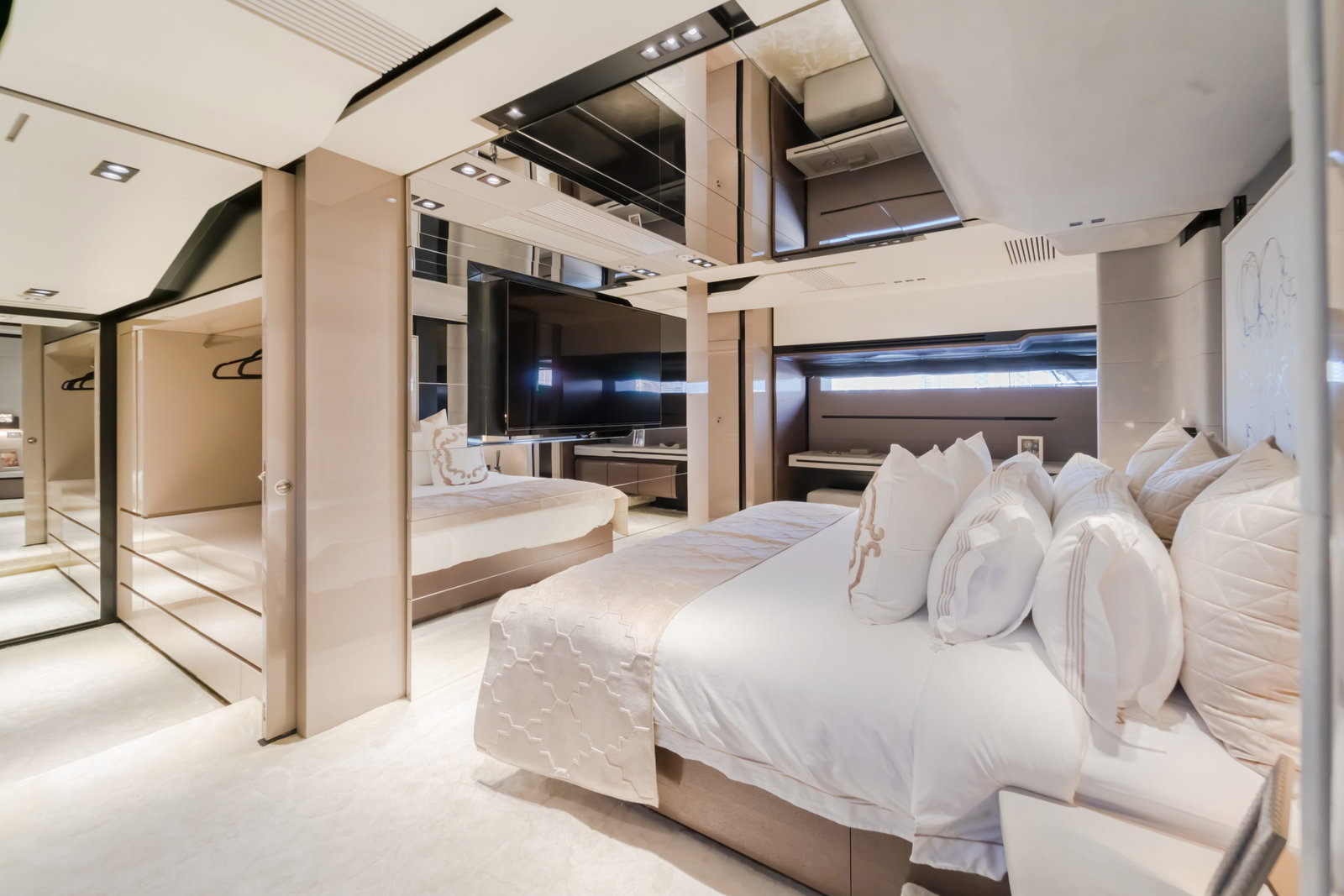 Saffuriya VIP yacht spacious luxury cabin with modern design, soft textiles and refined wood detailing