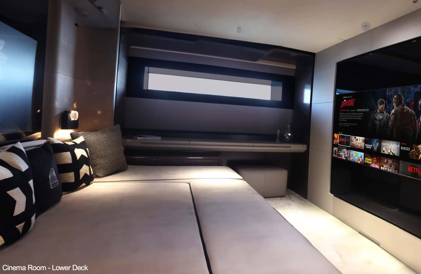 Saffuriya VIP yacht twin cabin with modern design, soft bedding and ambient lighting accents