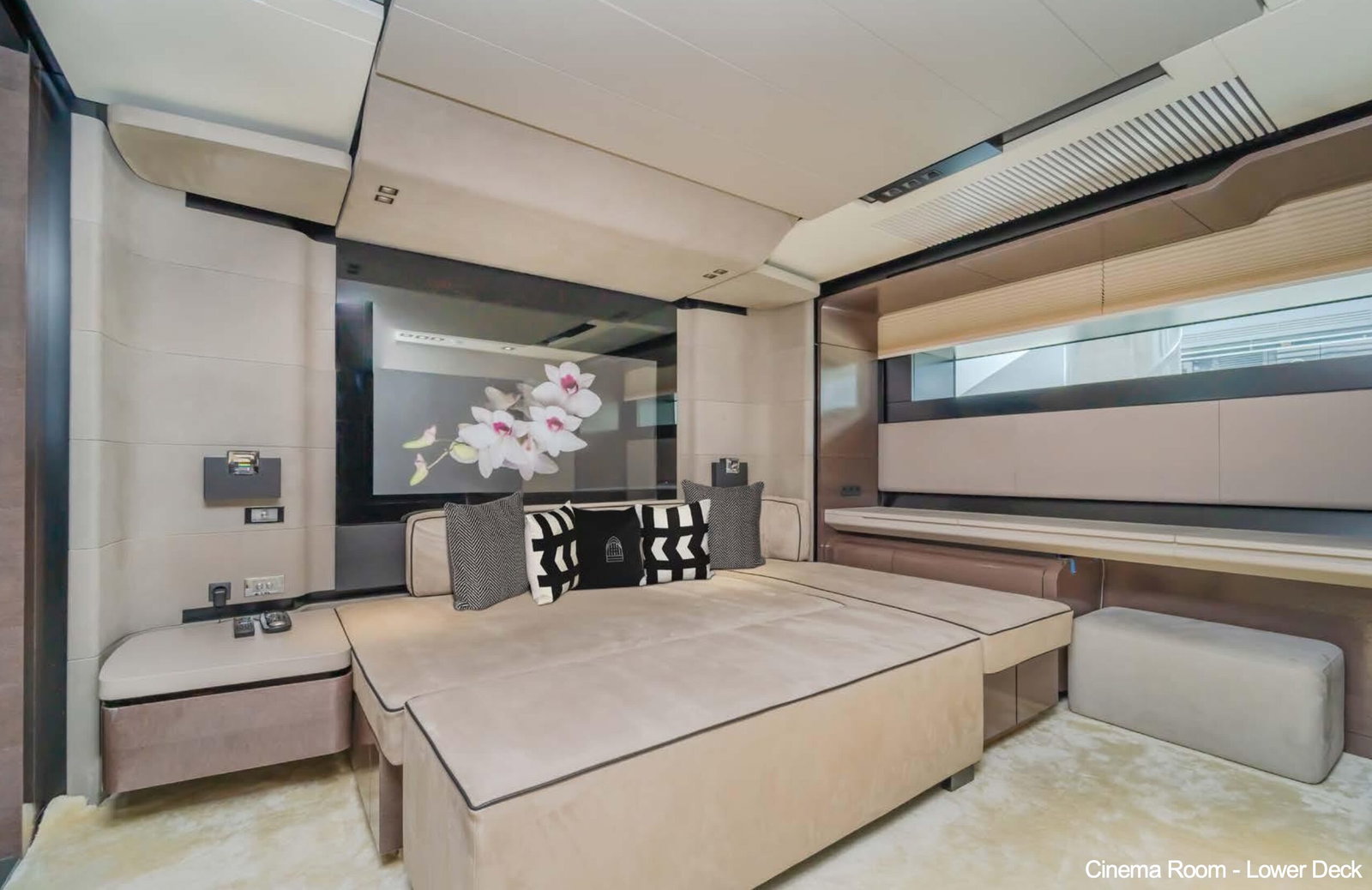 Saffuriya VIP yacht spacious guest cabin with double bed, wood finishes and large panoramic window