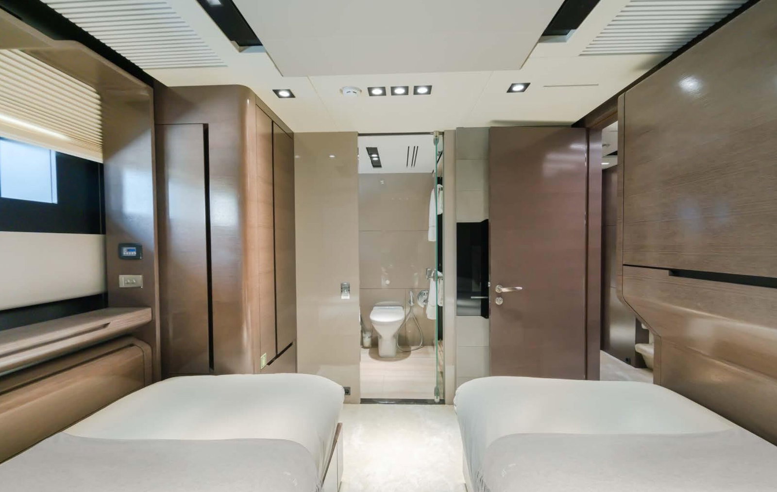 Saffuriya VIP yacht luxury ensuite bathroom with glass shower, marble finishes and sleek fixtures