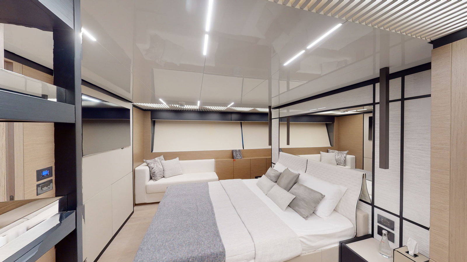 Ferretti 780 master cabin with modern luxury interior design
