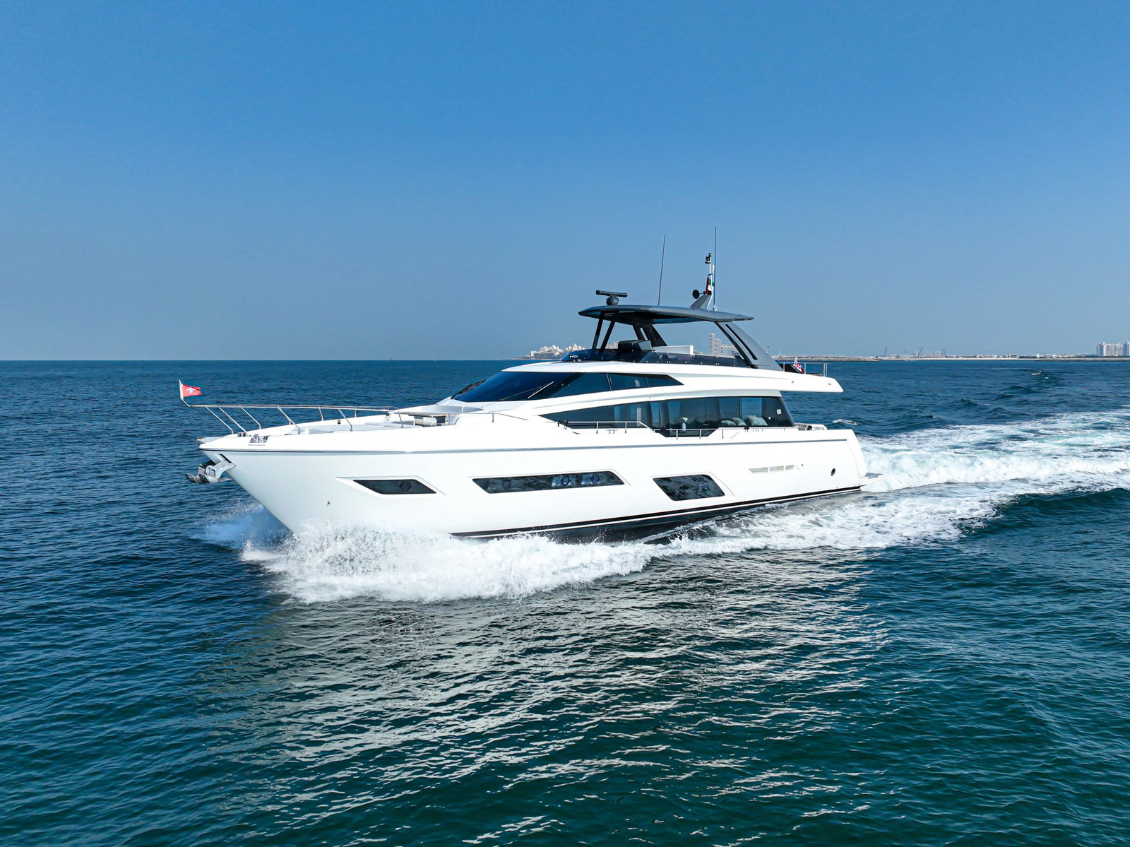 Ferretti 780 yacht charter Dubai exterior view at sea