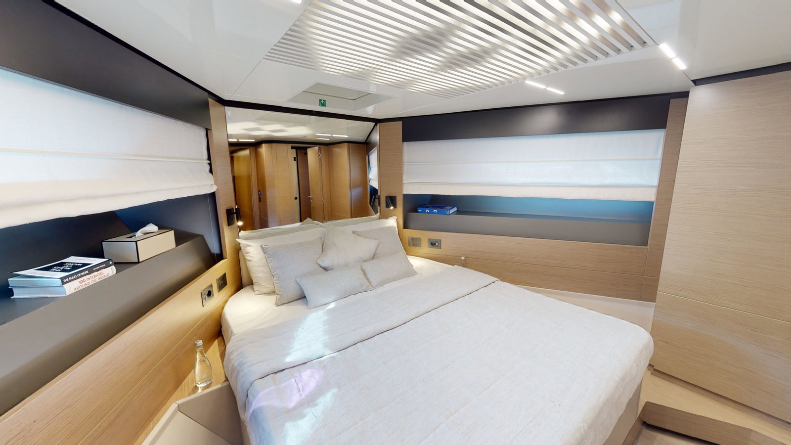 Ferretti 780 luxury yacht VIP bedroom with ambient lighting
