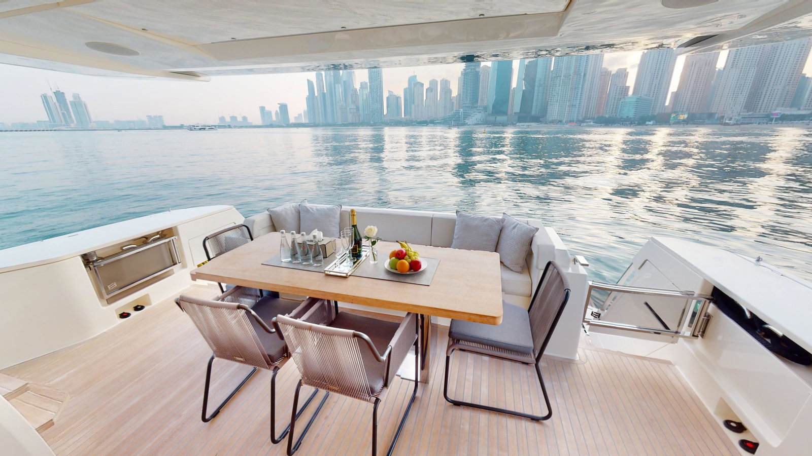 Ferretti 780 aft deck seating area luxury yacht Dubai