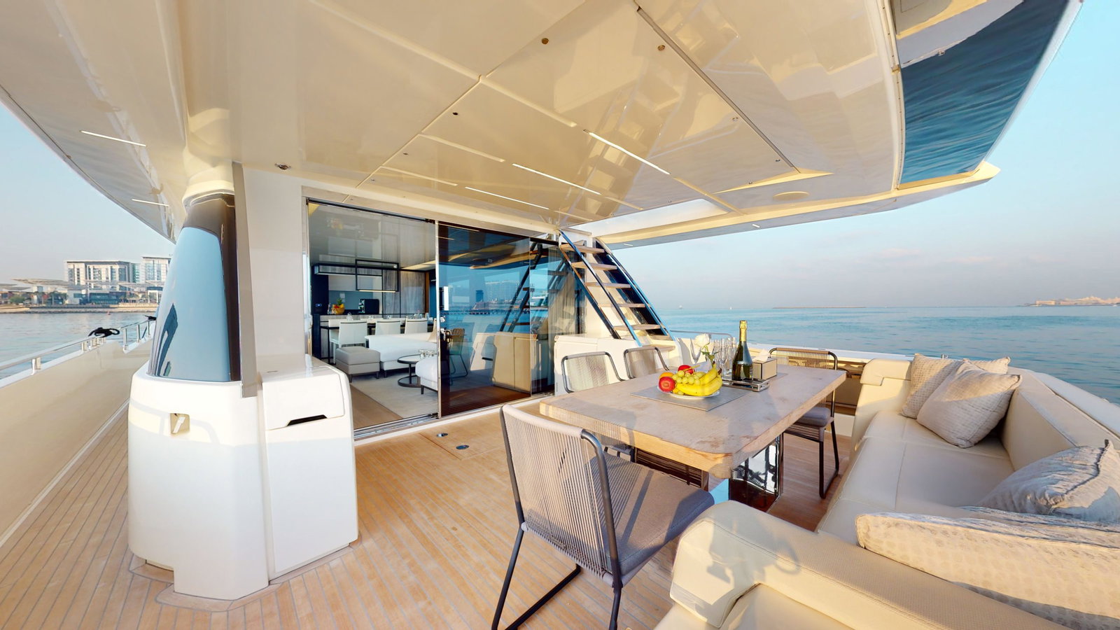 Ferretti 780 yacht interior dining area with modern luxury design