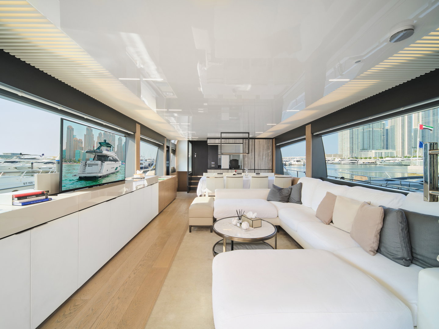 Main salon interior of Ferretti 780 yacht with modern seating