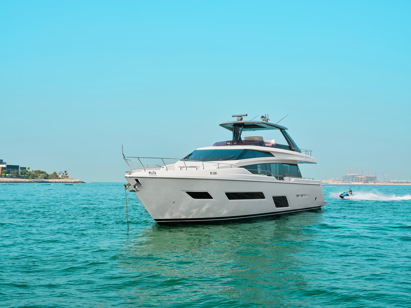 Ferretti 780 luxury yacht cruising on turquoise waters in Dubai
