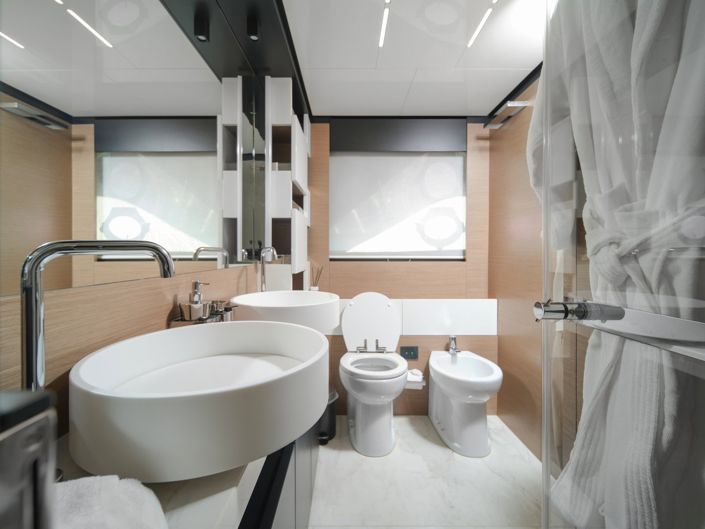 Luxury bathroom on Ferretti 780 yacht with double sink and shower