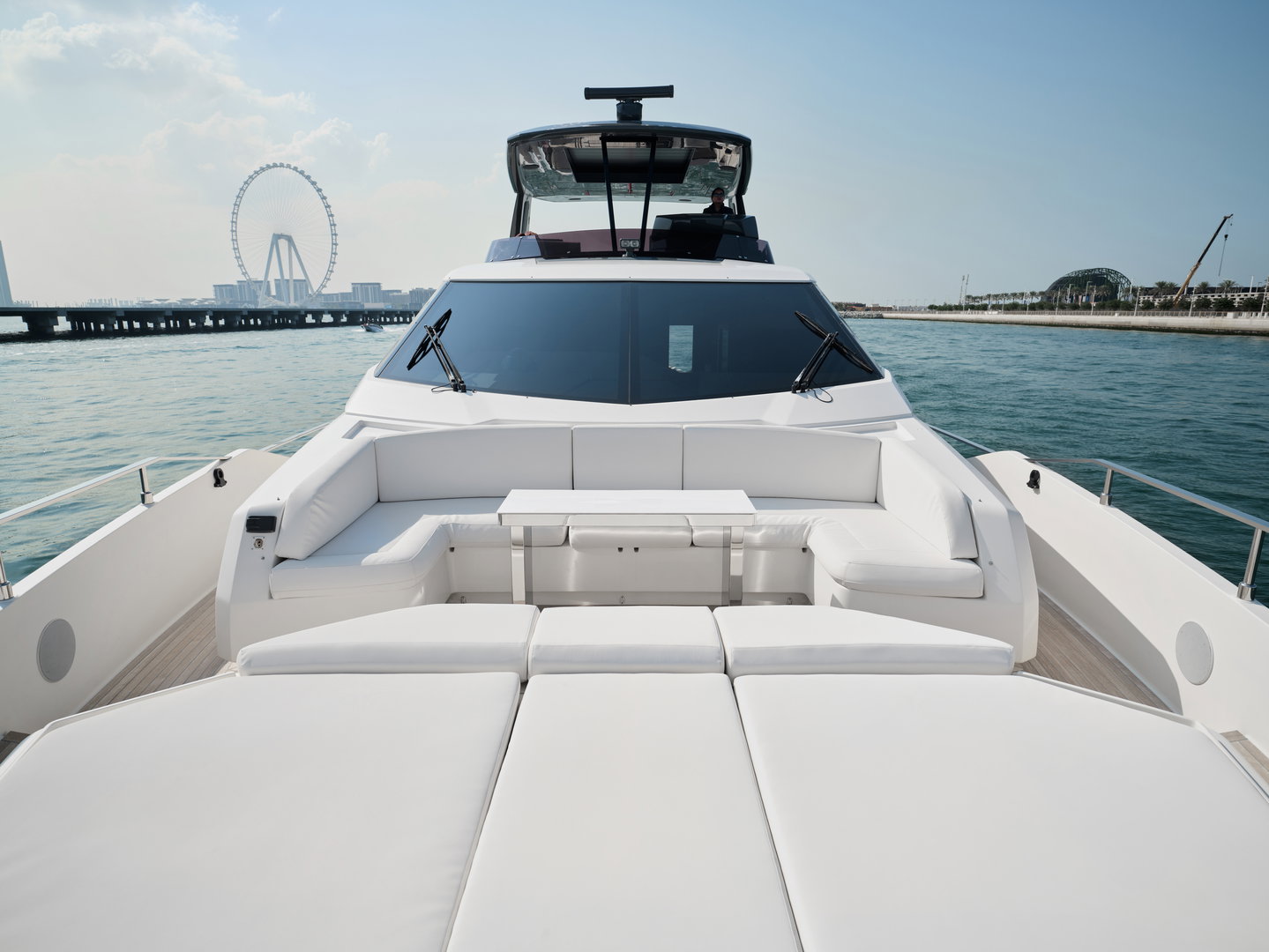 Forward seating area on Ferretti 780 yacht with ocean view